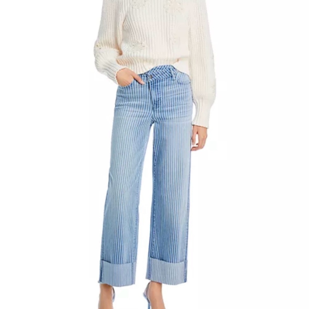 Aqua Striped Cuffed Dad Jeans